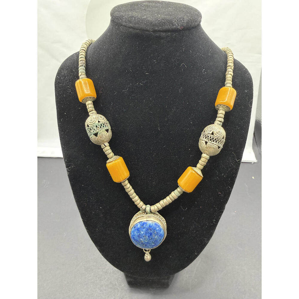 Tribal Handcrafted Necklace with Lapis Lazuli and Amber Beads